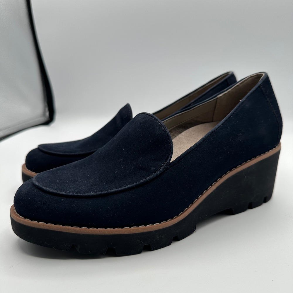 VIONIC Ava Suede Wedge Loafers Women's 6 Blue Lug Sole Comfort Light Support